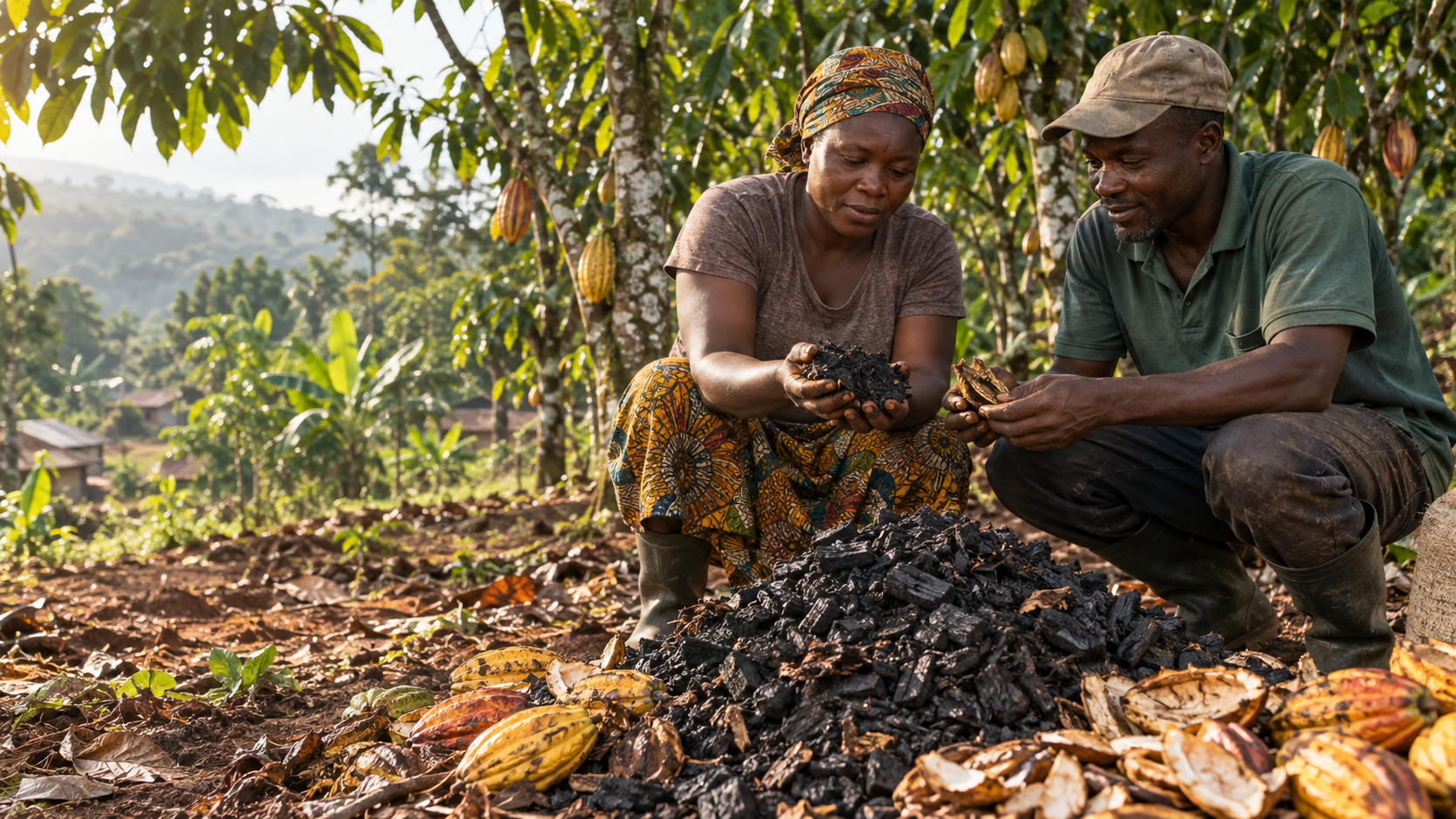 Ghanaian cocoa farmers examining biochar made from agricultural residues